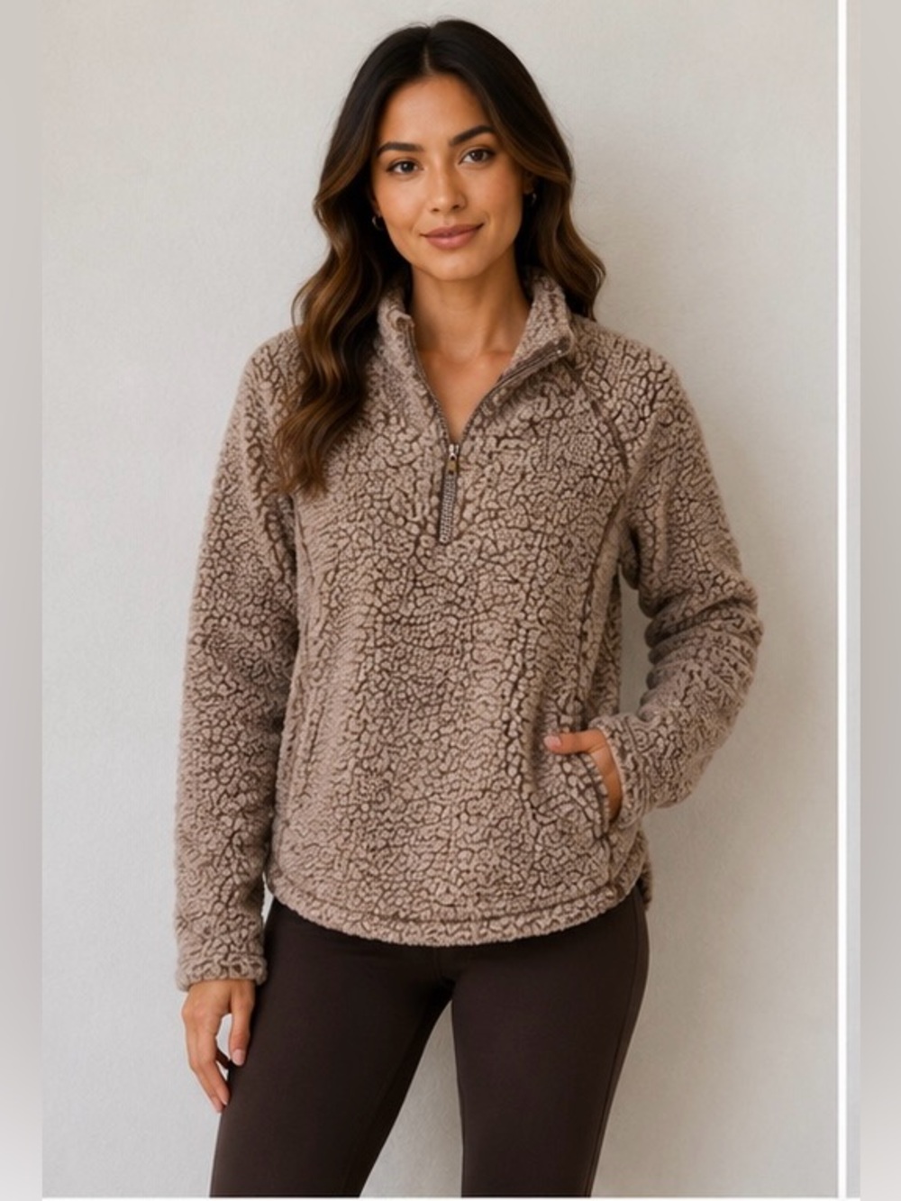 Cozy Sherpa Quarter-Zip Pullover Sweater - Brown and Cream